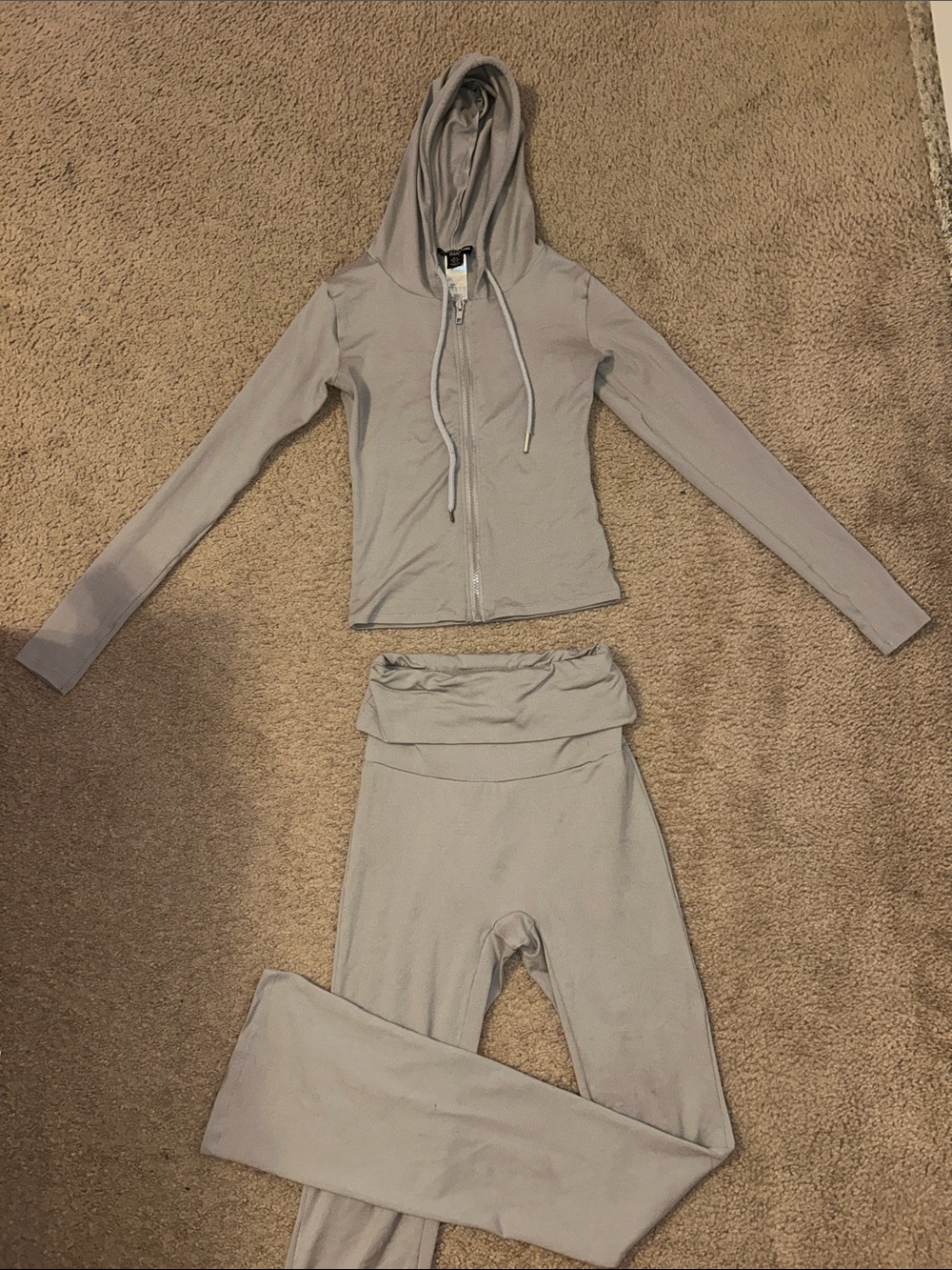 Women's Light Gray Hooded Zip Jacket & High-Waist Fold-Over Leggings